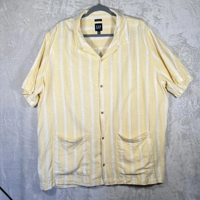 Gap Mens Short Sleeve Linen Collared Button Up Shirt XXL Yellow Striped Vacation - Image 1 of 4