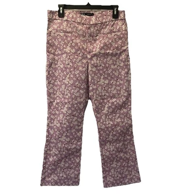 Zara Womens Cropped Kick Flare Pants Sz L Purple White Floral Stretch Twill NWOT - Image 1 of 4
