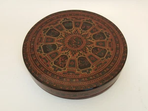 Scatola Betel rotonda vintage in legno laccato birmano - Foto 1 di 14