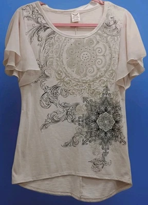 Y2K Faded Glory Women’s S Embellished Graphic Top Flutter Sleeve Ivory Gold - Image 1 of 4