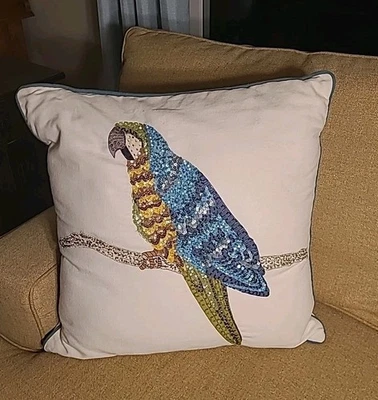 VTG Pier 1 Sequin Beaded Parrot Pillow Blue Trim Ivory Margaritaville Tropical - Image 1 of 4