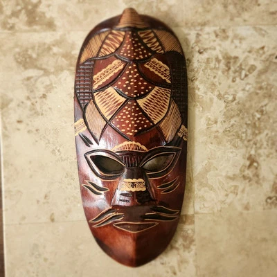 Vintage Fiji Tribal Mask Hand Carved Brown Wood Sea Turtle Tiki Bar Art Deco 15" - Image 1 of 4