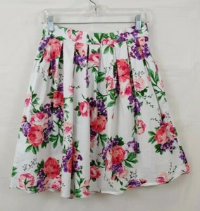 GK Grace Karin Skirt Sz Medium White Floral Pleated Above Knee Twirl Pockets - Picture 1 of 7