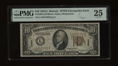 DBR 1934-A $10 FRN Hawaii LB Block Fr. 2303 PMG 25 Serial L43487393B - Image 1 of 2