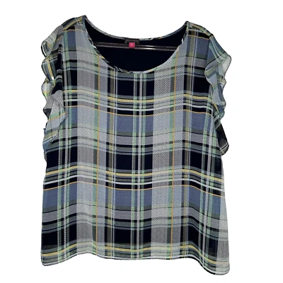 NWT Vince Camuto Blouse Womens Size 2XL Plaid Short Ruffle Sleeve Chiffon Flowy - Image 1 of 4