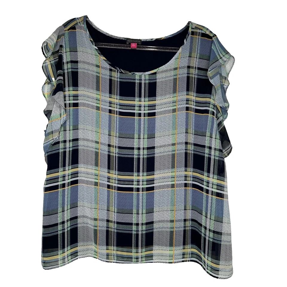 NWT Vince Camuto Blouse Womens Size 2XL Plaid Short Ruffle Sleeve Chiffon Flowy - Image 1 of 4