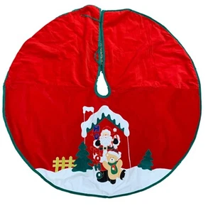 Christmas Tree Skirt Red Santa Claus Teddy Bear Ice Skating 40" Workshop Holiday - Picture 1 of 7