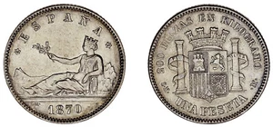 1 PESETA. Ag. PROVISIONAL GOVERNMENT - GOBIERNO PROVISIONAL. 1870. XF / EBC. - Imagen 1 de 1