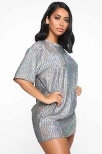 Fashion Nova women XL Short Sleeve Hologram Mini Dress shirt sparkle iridescent - Picture 1 of 12