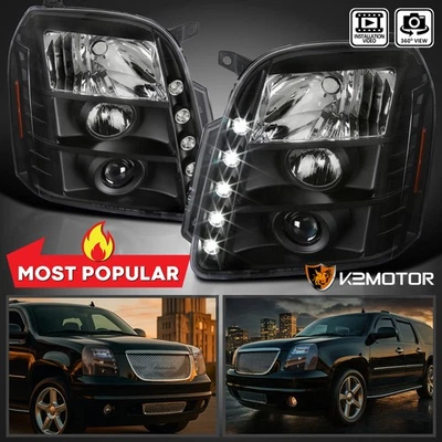 Black Fits 2007-2014 GMC Yukon Denali LED Strip Projector Headlights Lamps L+R - Image 1 of 4