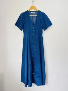 Nobody's Child Dress Women Size 10 Blue Midi Denim Buttoned V neck Short Sleeve - Picture 1 of 8