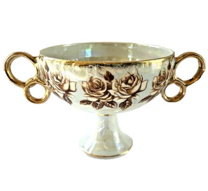 Pedestal de Compota de Porcelana Opalescente Vintage Marrón Dorado Rosa Patrón - Imagen 1 de 12