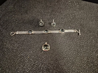 925 STERLING SILVER BRACELET EARRINGS PENDANT SET WITH LIGHT BLUE TOPAZ - Image 1 of 4