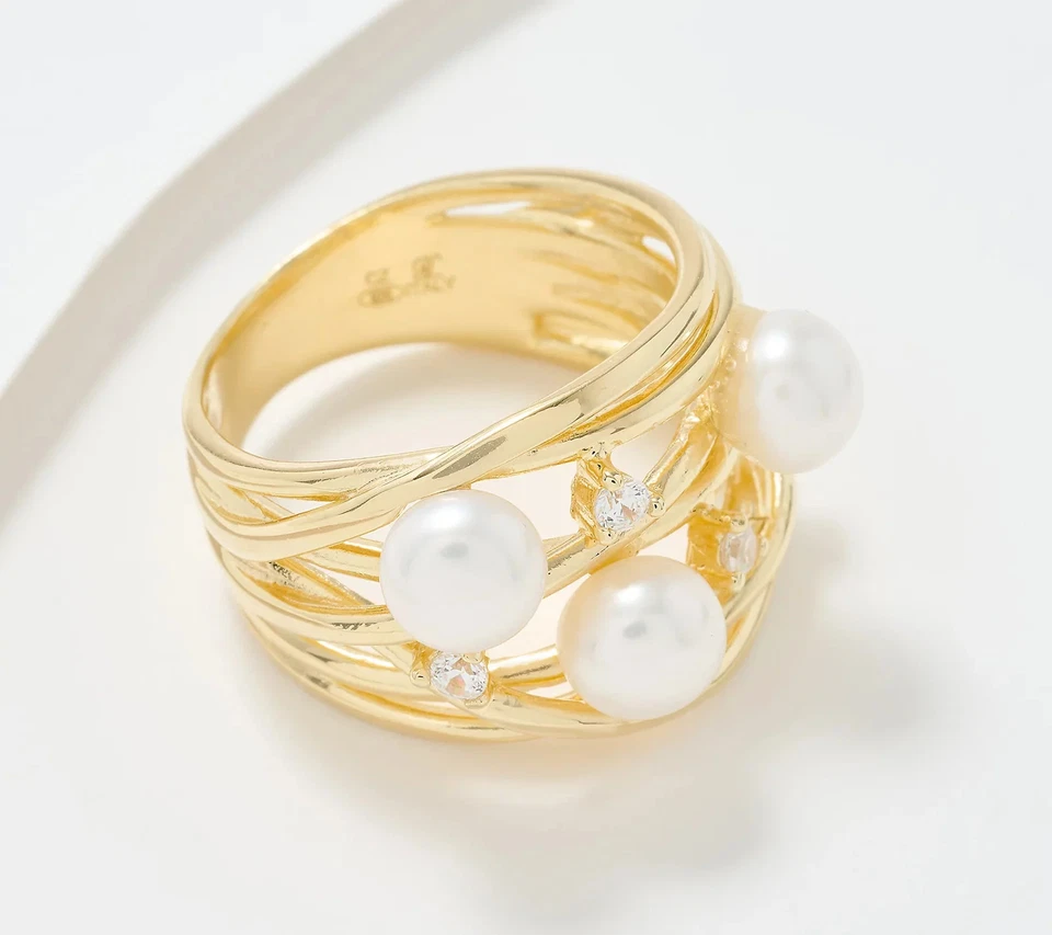 Honora x Diamonique Gold Clad Sterling Silver Cultured Pearl Highway Ring, Size — 第 1/1 张图片