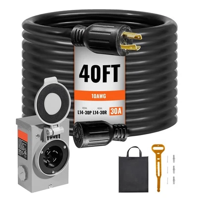 40 FT 30 Amp Generator Cord and Power Inlet Box NEMA L14-30P/L14-30R STW - Image 1 of 4