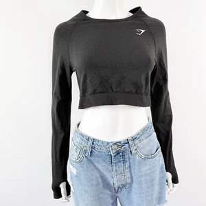 Gymshark Black Crop Top Size L Long Sleeve Workout Gym Fitness Yoga Thumb Holes - Picture 1 of 10