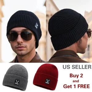 Mens Womens Winter Thermal Fleece Lined Insulated Knit Beanie Hat Cuff Cap Ski - Picture 1 of 14