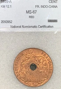 1939 - Ein französischer Indochina Cent. KM# 12.1. Hervorragendes Juwel Stempelglanz. Glanzrot - Bild 1 von 2