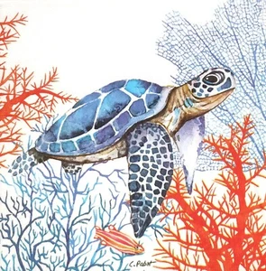 P168# 3 x servilletas de papel único decoupage azul rojo tortuga marina patrón de coral - Imagen 1 de 9