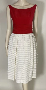 1950s True Vintage Pretty Red Cotton Velveteen White Ruffled Skirt Dress Jr. S - Picture 1 of 11