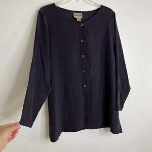 Camicetta Eileen Fisher 100% seta prugna bottoni LS spacchi laterali fascia colletto S/M - Foto 1 di 8