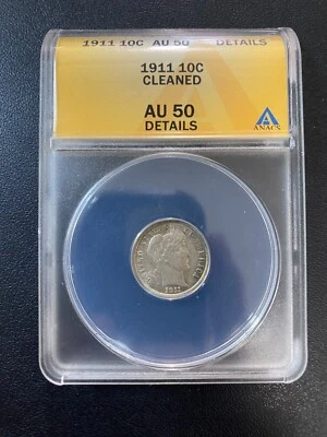 1911 BARBER DIME ANACS AU-50 DET - CERCA DE NÃO CIRCULADO - PRATA DIME - LAJE - 10C - Imagem 1 de 2