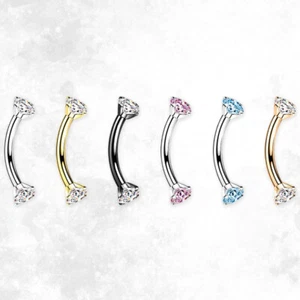 G23 Solid Titanium 16G Curved Barbell Eyebrow Ring CZ Bent Piercing Jewelry 8mm - Picture 1 of 10