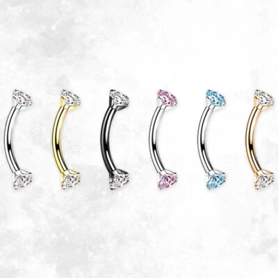 G23 Solid Titanium 16G Curved Barbell Eyebrow Ring CZ Bent Piercing Jewelry 8mm - Image 1 of 4