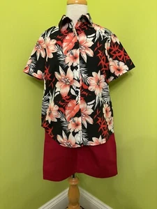 Shein Boys Size 9 Black/Red Hawaiian Shirt Two Piece Set Red Pull-on Shorts - Picture 1 of 13