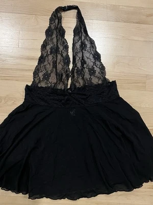 Vestido sin Mangas René Rofé Negro Encaje Malla Halter Babydoll - Talla M Foto 1 de 4