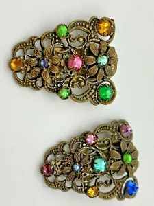 Antique Gold Metal Vintage Set Of Two Scarf Clips Brooches Crystal Stones - Picture 1 of 7