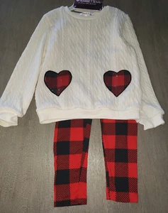 2 pc GIRLS NEW NWT PANTS TOP SET size 6x SWEATER HEARTS POCKET PLAID BOTTOM NICE - Picture 1 of 1