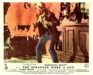 The Stranger Wore A Gun Original Lobby Card Randolph Scott in fire 1953 western