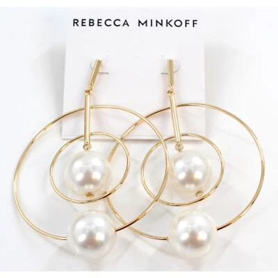Rebecca Minkoff Gold & Pearl Drop Front Facing Hoop Earrings $58 Tags #RM328 - Image 1 of 4