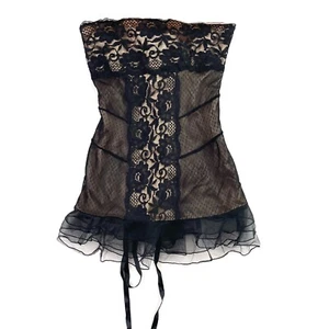 La Senza Corset Dress Sz 14 Black Nude Floral Lace Strapless Lace Up Ruffle Hem - Picture 1 of 10