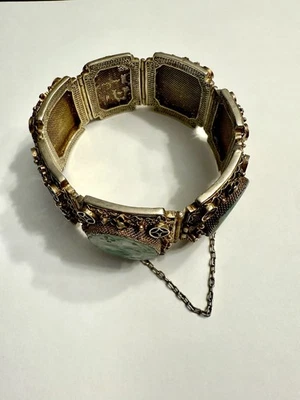 Impresionante conjunto de brazaletes de jade tallados chinos vintage en filigrana plateada Foto 1 de 3