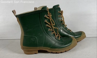 Botas de lluvia Hunter de cuero verde con cordones punta redonda tacón bloque para mujer talla 11 Foto 1 de 4