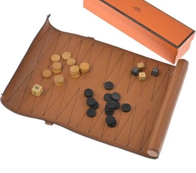 Auth Hermes Foldable Backgammon Game Set 2001 Brown With Box Used Made in France - Image 1 of 4