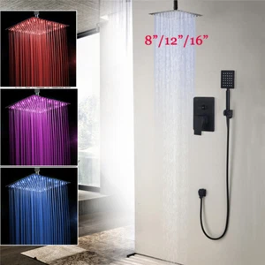 8"/12"/16" Black Wall Mount LED Rainfall Shower Head Hand Spray Mixer Faucet Tap - Picture 1 of 8