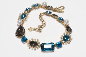 Oscar de la Renta Faux Pearl Blue Crystal Starburst Chain Collar Necklace