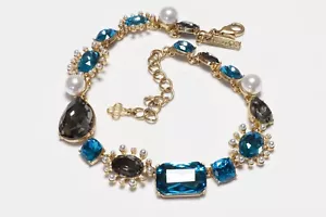 Oscar de la Renta Faux Pearl Blue Crystal Starburst Chain Collar Necklace - Picture 1 of 4