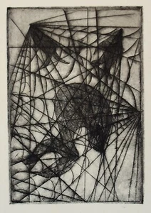 Lester Epstein (1919-1963) Grabado abstracto c. 1950 Sello y pez atrapado en la red - Imagen 1 de 3