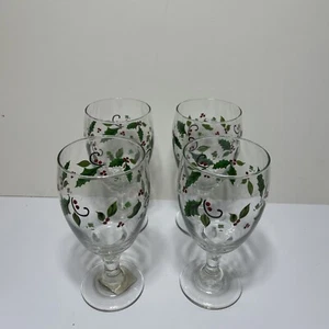 Libbey Holly Berry Iced Tea Goblet Glasses with Stems Set of 4 Christmas Glasses - Picture 1 of 4