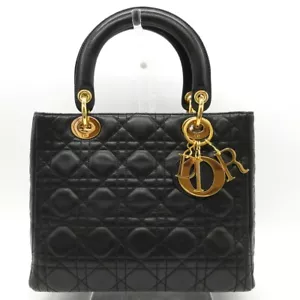 CHRISTIAN DIOR Lady Cannage Hand Tote Bag Leather Black Gold Italy M712 - Picture 1 of 21