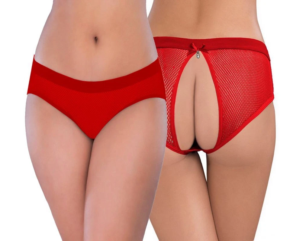 SeXy Damen Netz Slip Offen Rot Popo Panty Reizwäsche mit Schleifchen Strass S/XL - Bild 1 von 3