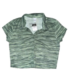 NWT Rue 21 Womens Large Green Striped Collared Crop Shirt Top - Picture 1 of 4