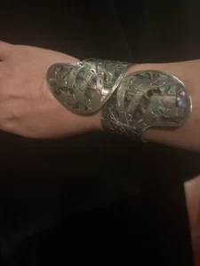 VTG Mexico 925 Sterling Silver & Abalone Inlay Hinged Cuff Bracelet Bamboo 71g - Picture 1 of 11