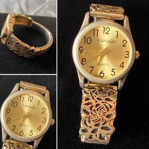 Versales Quartz Floral Gold Tone Stretch Watch - Picture 1 of 13