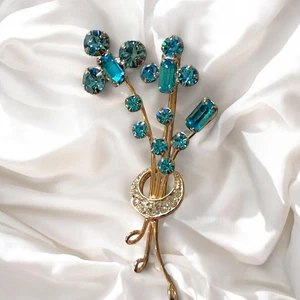 Broche/Pin Vintage Tono Dorado Azul Estrás Flor Spray Floral - Imagen 1 de 9