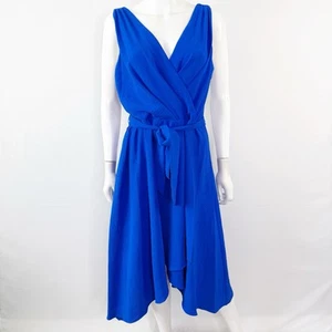 Abito midi DKNY blu royal taglia 10 scollo a V cravatta davanti cocktail sera formale NUOVO - Foto 1 di 10